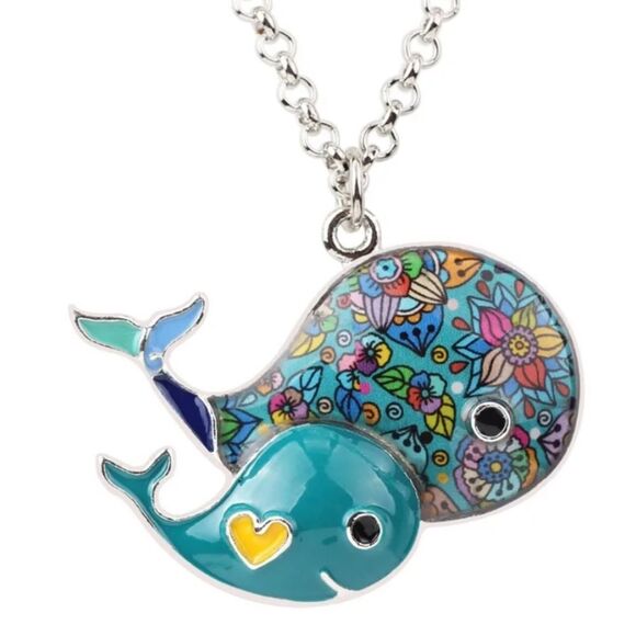 Cute Whale Mother and Baby Necklace Pendant Colorful Ocean Animal 20 in Chain - Picture 1 of 4